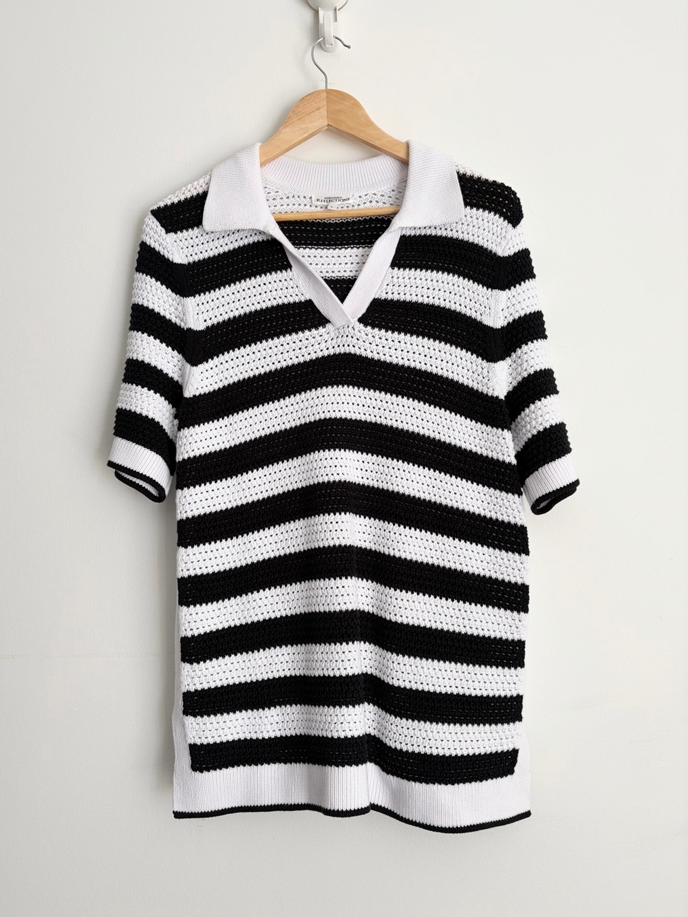 Striped 100% Cotton Open Knit Polo Sweater - Coastal Preppy - Size L - NWOT